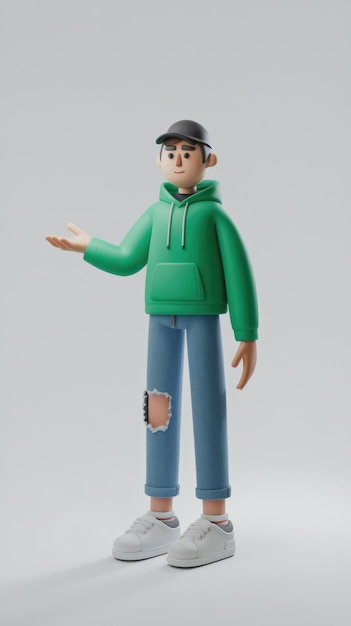 A 3D rendered cartoon man wearing a green hoodie and jeans standing with his hand outstretched