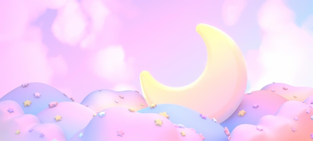 Photo 3d rendered cartoon moon on soft pastel purple clouds