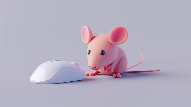 A 3D rendered cartoon mouse looking at a computer mouse