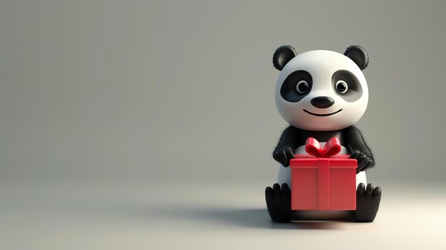 Photo a 3d rendered cartoon panda holding a red gift box on a gray background