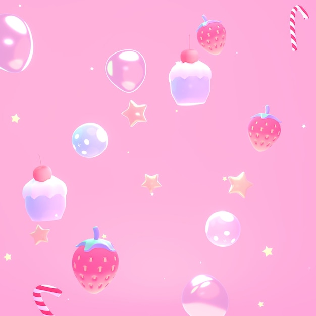 3d rendered cartoon sweet strawberry and candy sky