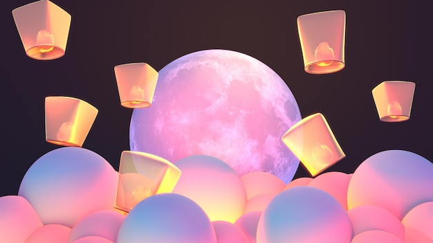 3d rendered Chinese sky lanterns and full moon at night.