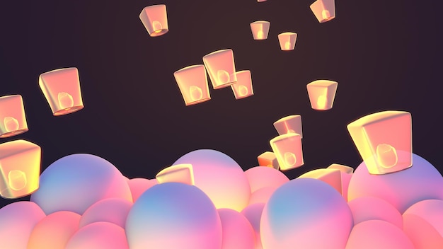 3d rendered Chinese sky lanterns at night.