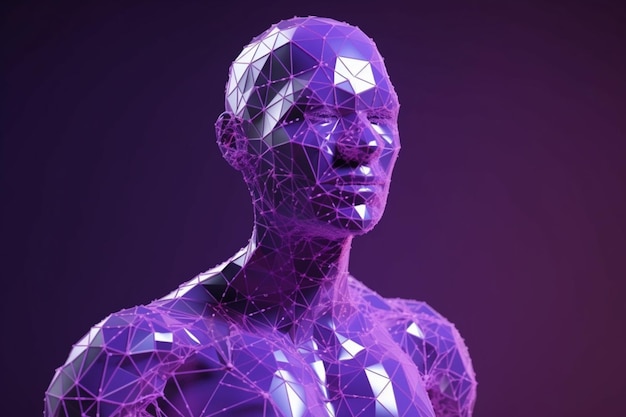 3D rendered classic sculpture Metaverse avatar with network of lowpoly glowing purple lines