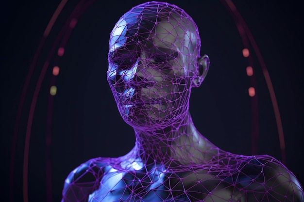 3D rendered classic sculpture Metaverse avatar with network of lowpoly glowing purple lines