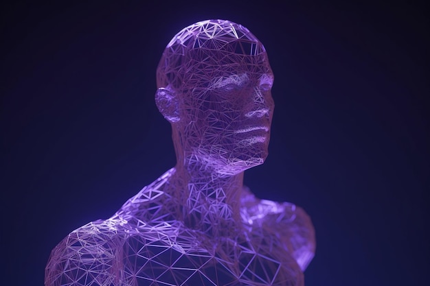 3D rendered classic sculpture Metaverse avatar with network of lowpoly glowing purple lines