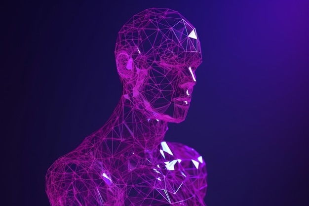 3D rendered classic sculpture Metaverse avatar with network of lowpoly glowing purple lines