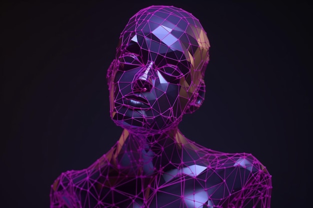 3D rendered classic sculpture Metaverse avatar with network of lowpoly glowing purple lines