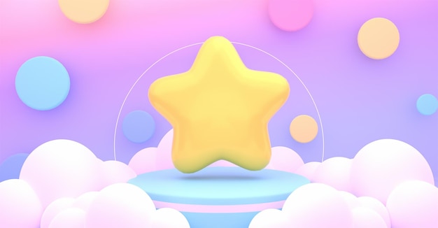 3d rendered colorful circles room with podium white clouds and a big yellow star