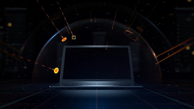 3d rendered concept background. Hacker attacks the notebook. Particles symbolise threats that hits protected spherical shield that cover digital computer.