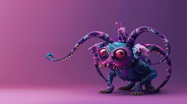 Photo a 3d rendered creature with a pink body blue tentacles and a dragon on its head