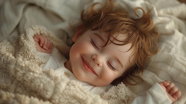 Photo 3d rendered a cute baby lying in white fluffy blanket smiling while sleeping ultra realistic