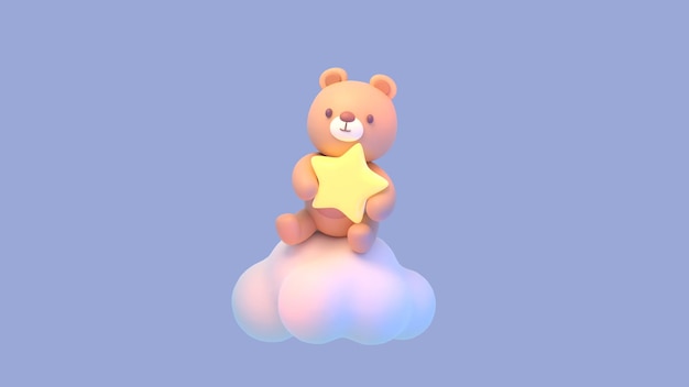 3d rendered cute bear holding a star sitting on a cloud.