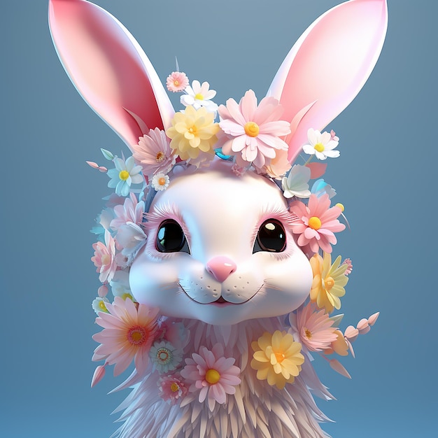 3D rendered cute cartoon bunny with a flower crown on her head