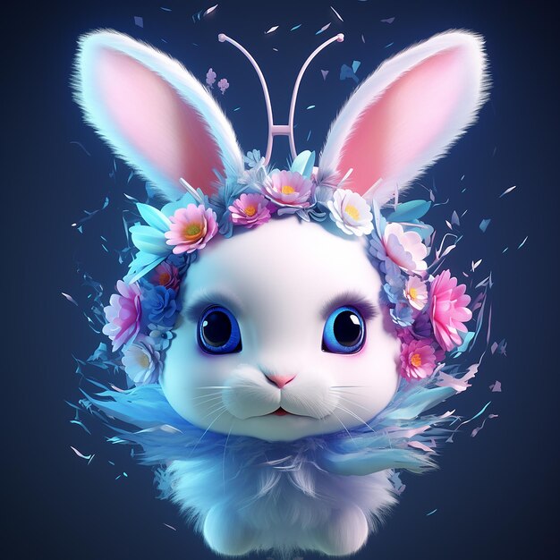 3D rendered cute cartoon bunny with a flower crown on her head