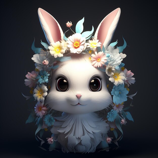 3D rendered cute cartoon bunny with a flower crown on her head