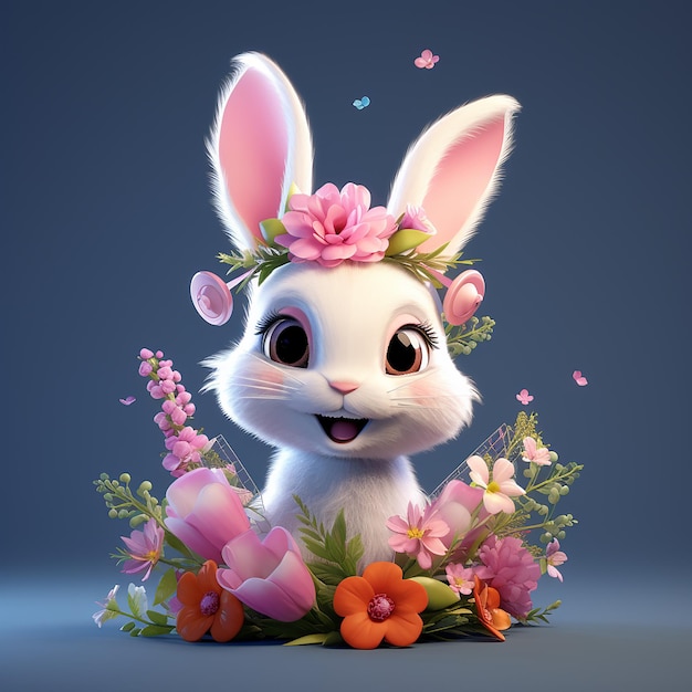 3D rendered cute cartoon bunny with a flower crown on her head