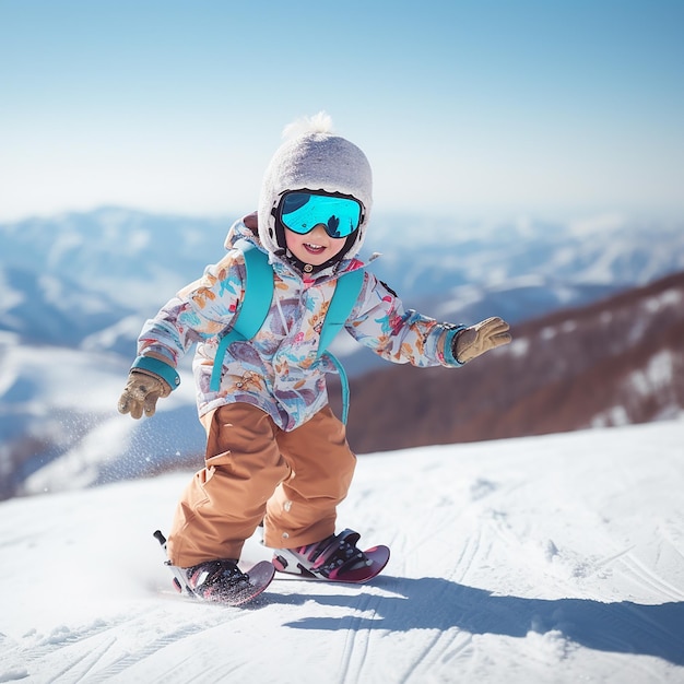 3D rendered cute child wearing full costume snowboarding down the slope