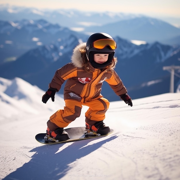 3D rendered cute child wearing full costume snowboarding down the slope