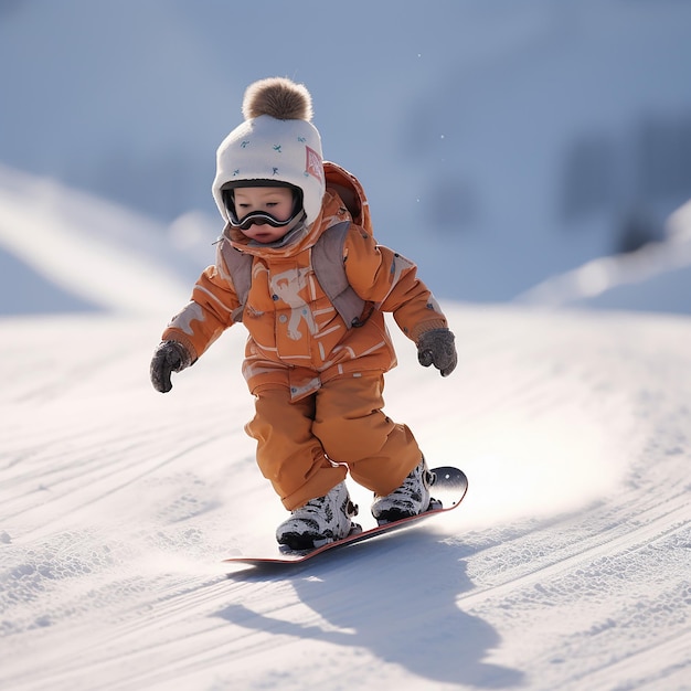 3D rendered cute child wearing full costume snowboarding down the slope