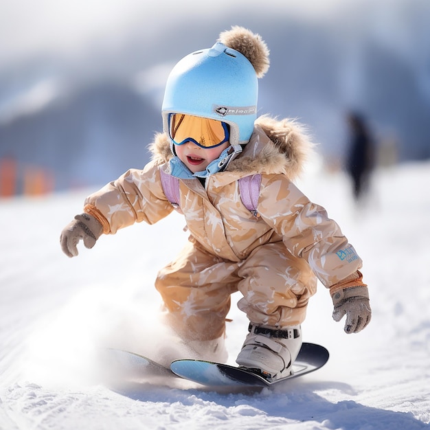 3D rendered cute child wearing full costume snowboarding down the slope