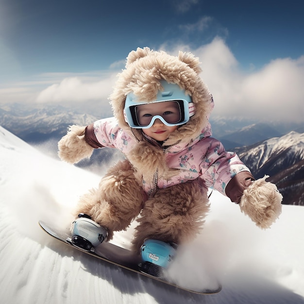 3D rendered cute child wearing full costume snowboarding down the slope