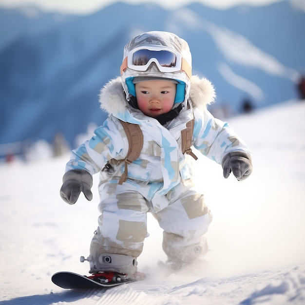 3D rendered cute child wearing full costume snowboarding down the slope