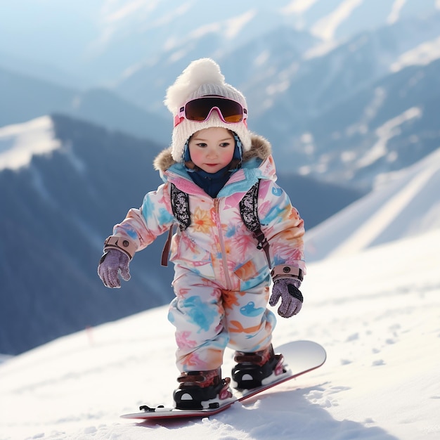 3D rendered cute child wearing full costume snowboarding down the slope