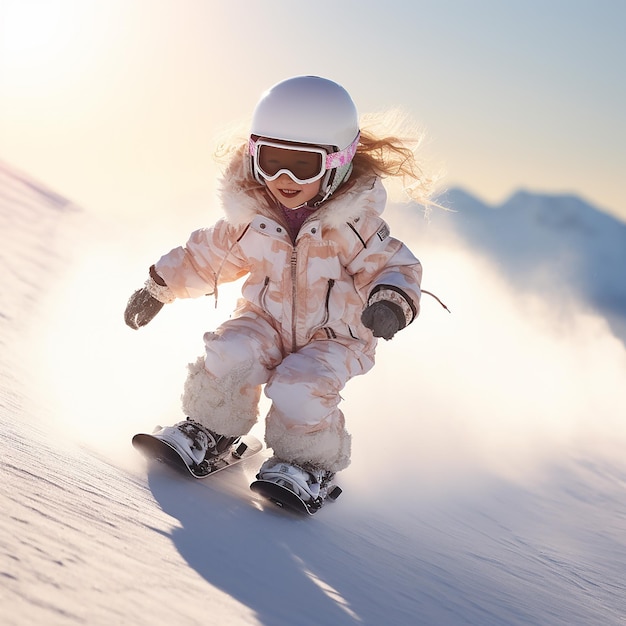 3D rendered cute child wearing full costume snowboarding down the slope