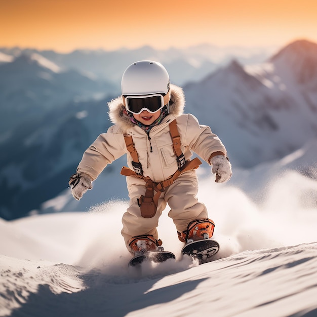 3D rendered cute child wearing full costume snowboarding down the slope