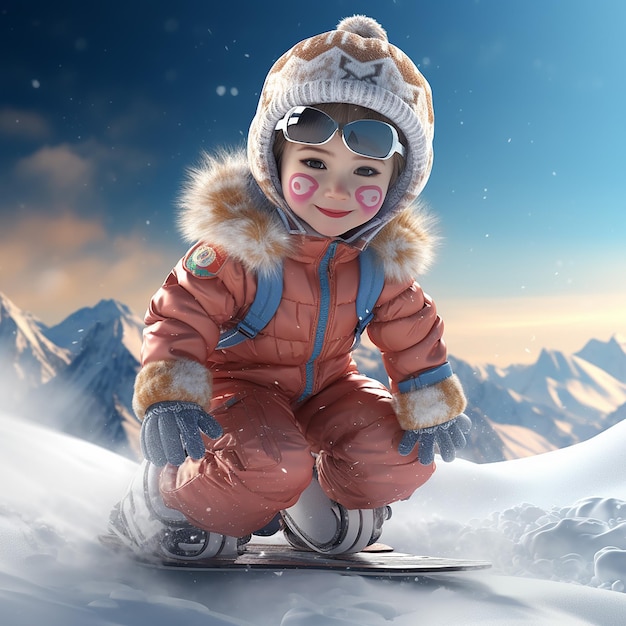 3D rendered cute child wearing full costume snowboarding down the slope