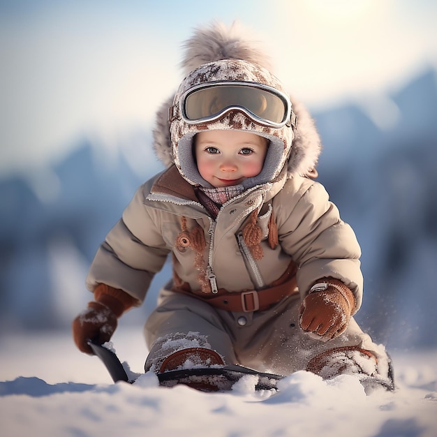 3D rendered cute child wearing full costume snowboarding down the slope