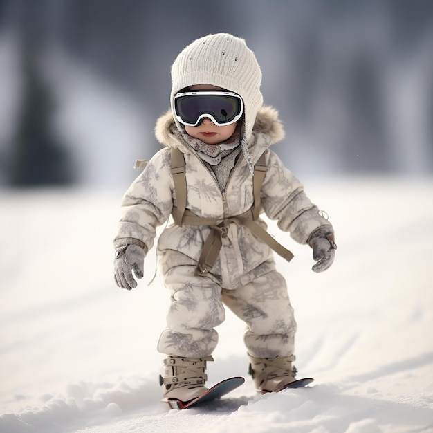 3D rendered cute child wearing full costume snowboarding down the slope