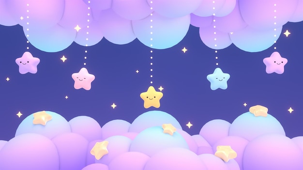 3d rendered cute hanging stars and purple clouds Sweet dreams theme