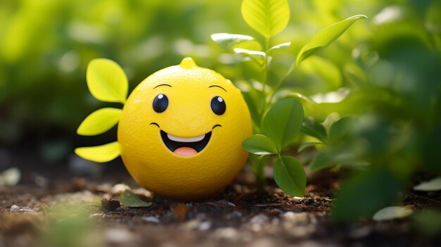 3d rendered Cute happy lemon in the garden with big eyes