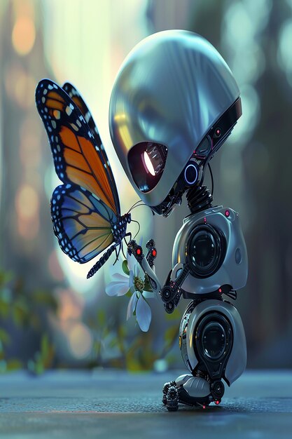 Photo 3d rendered a cute little robot playing with colorful butterfly illustration