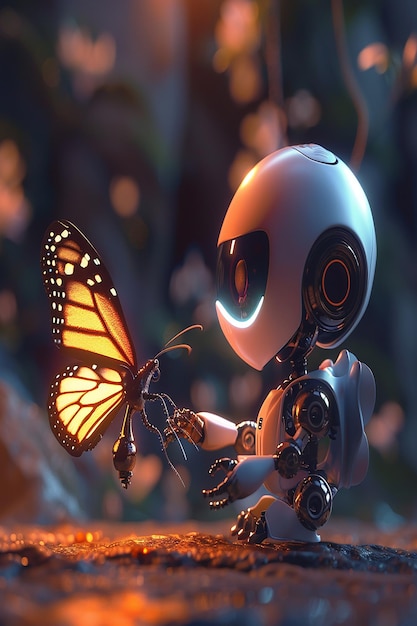 Photo 3d rendered a cute little robot playing with colorful butterfly illustration