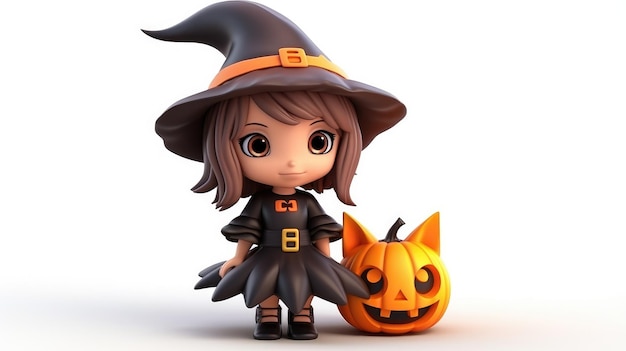 3D rendered cute witch girl and pumpkin cartoon character