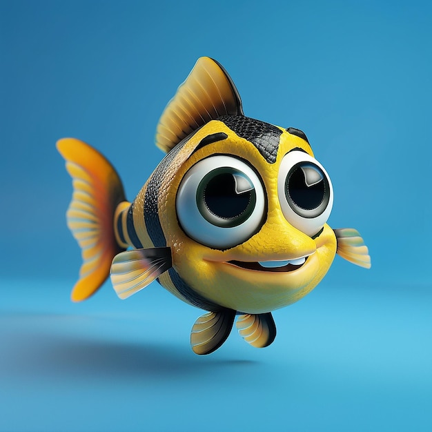 Photo 3d rendered a cute yellow and black striped fish with big eyes against a blue background