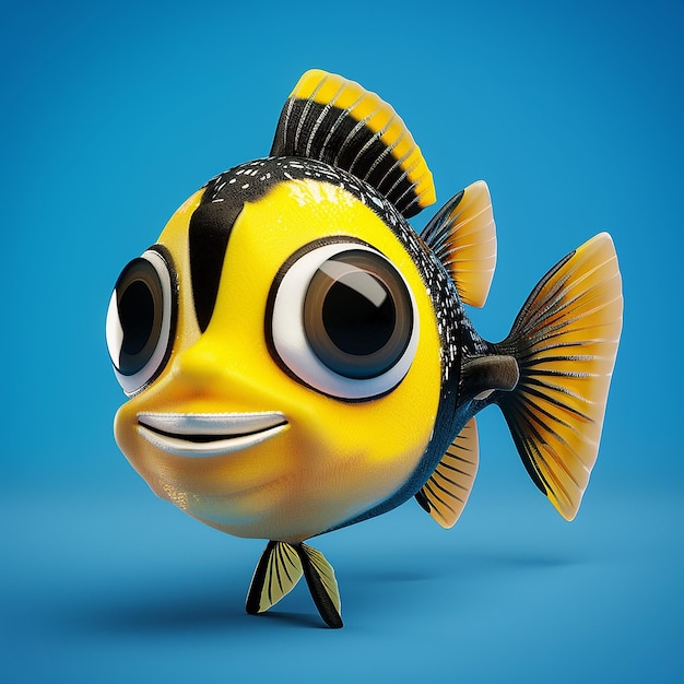 Photo 3d rendered a cute yellow and black striped fish with big eyes against a blue background