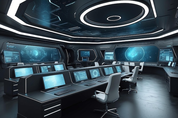 3D rendered empty modern futuristic command center interior