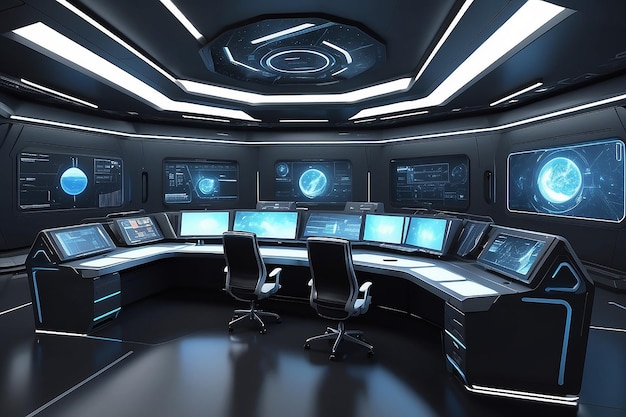 3D rendered empty modern futuristic command center interior