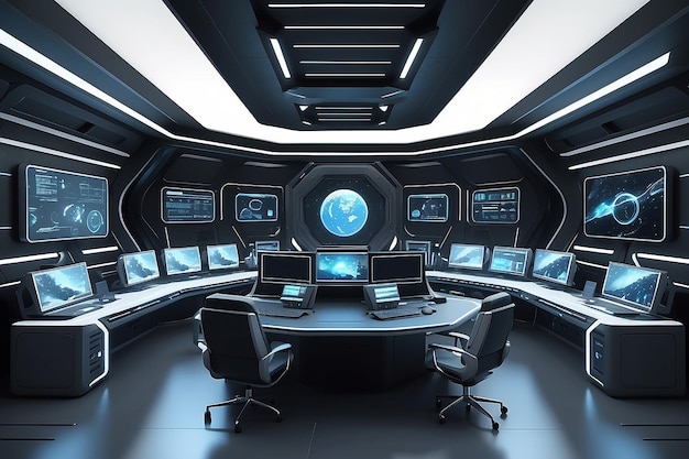 3D rendered empty modern futuristic command center interior