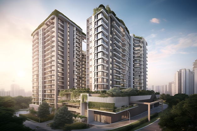 A 3d rendered exterior of a high density sustainable green apartment facade in the evening