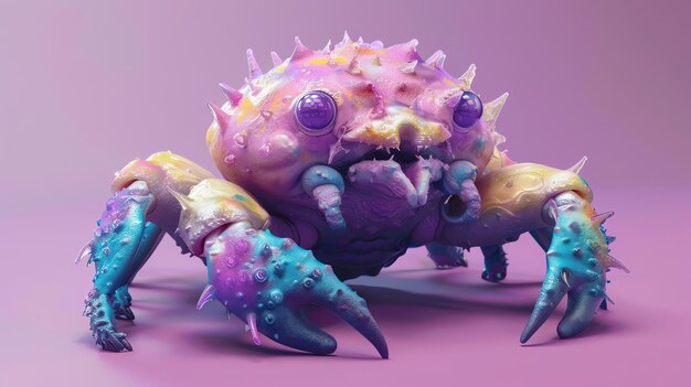 Photo a 3d rendered fantasy creature with a spiky shell blue legs and large round eyes