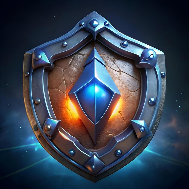 Photo a 3d rendered fantasy shield with a glowing blue gem embedded in the center