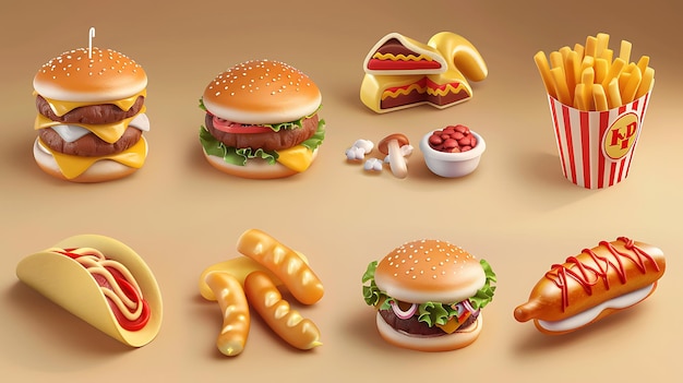 3D rendered fast food icons The image includes a cheeseburger a hotdog a taco a basket of fries a piece of pizza a bowl of beans and a bun