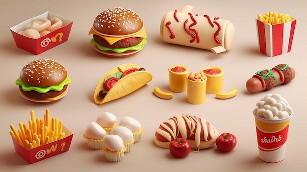 3D rendered fast food icons The image includes a variety of food items such as burgers tacos hot dogs and fries