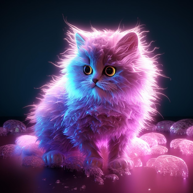 Photo 3d rendered fluffy cat in neon mysterious light effect