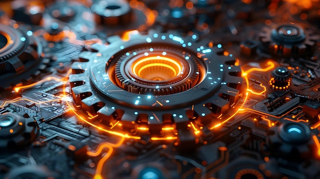 Photo 3d rendered futuristic gearing mechanism with orange and blue lights